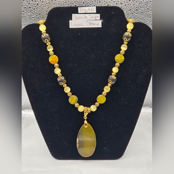 Erins Lovely Creations Jewelry - Yellow Agate Teardrop Pendant Necklace With Selenite Jasper And Lava Stone